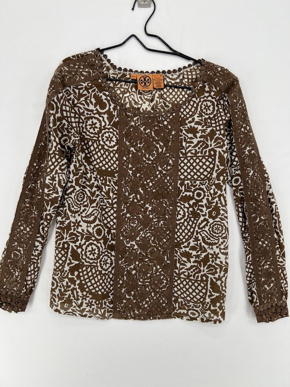 Tory Burch Brown White Floral Lace Trim Cotton Blouse Womens Size 6 Boho
